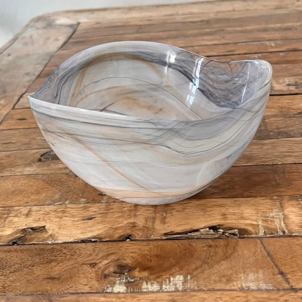Vietri Art Glass Bowl Alabaster Swirl Gray Tan Made In Turkey